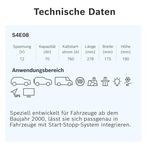 Bosch S4E08 Autobatterie 70Ah 760A 12V für Start-Stop-Fahrzeuge