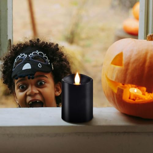 Image of 3x4 Flickering Flameless Candles Set of 1,Real Wax Pillar led Candles Flickering,with Timer,4 inch Flameless Candles with Remote,for Holiday Home Decor Party,Black