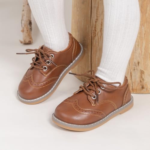 Image of Meckior Toddler Boys Girls Dress Shoes Little Kid Oxford Shoes Wedding Church Dress Shoes PU Leather Lace Up School Uniform Loafer Flats