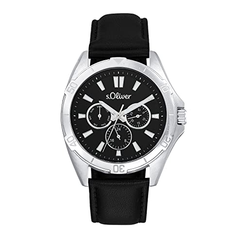 s.Oliver Armbanduhr Herren Multifunktion Analog, mit Leder Armband, Silber, 5 bar Wasserdicht, Multifunktion, Kommt in Uhren Geschenk Box, 2034599