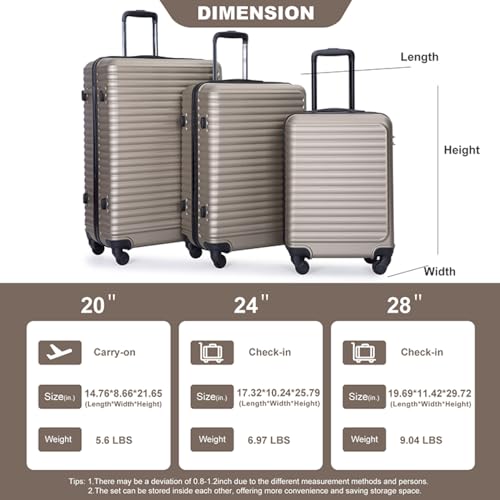3 Piece Luggage Sets Abs Lightweight Suitcase With Two Hooks, Spinner Wheels, Tsa Lock, (20/24/28) Gold3