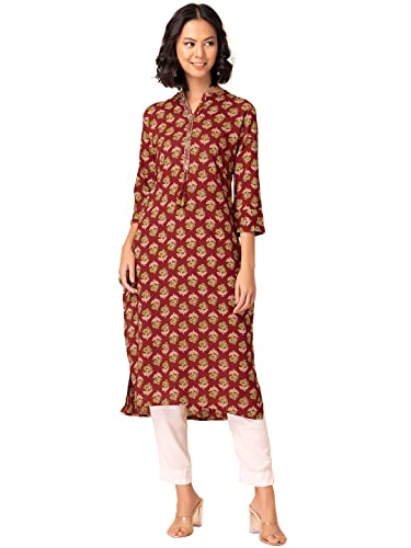 Image of Indya Women Maroon Batik Boota Print Rayon Kurta