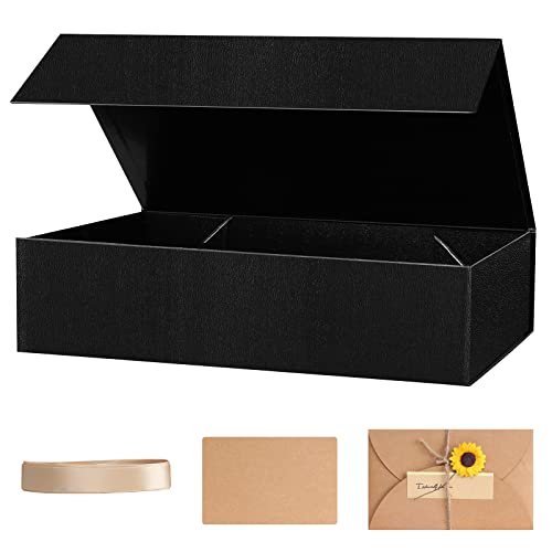 Srvnpioy Extra Large Black Gift Box with Gift Card and Ribbon, 43 x 25.5 x 10 cm, Empty Super Large Magnetic Present Box, Folding Gift Box for Birthday, Christmas, Gift Wrapping (1 Pack)