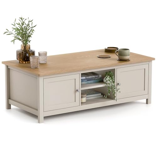 CHRISTOW Coffee Table with Storage & Oak-Effect Top, 2 Open Shelves & 2 Cupboards, Modern 3 Tier Living Room or Bedroom Table, Sturdy MDF Frame, Matte Painted Pebble Finish, H40cm x W115cm x D60cm