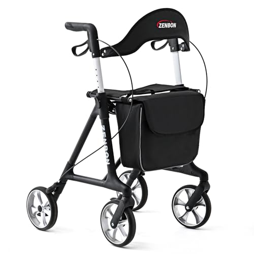 Rollator Walker for Seniors/Adults Foldable Rolling Walker with Seat 330 lbs Capacity 4 Big 7.9 inch Wheels Hand Grips Adjustable Height Lightweight Durable Aluminum Walker Removable Back Support