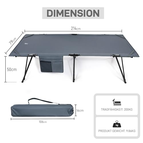 EVER ADVANCED Feldbett Klappbar XXL Campingbett 200KG Belastbar Klappbett 214 x 79 x 50 cm, Breite Feldbett mit Seitentasche, Stabil & Tragbar für Camping Reisen Garten Outdoor und Indoor – Bild 6