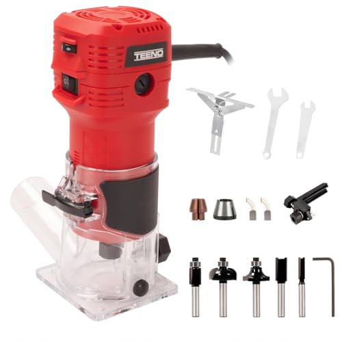 TEENO Compact Electric Hand Wood Trimmer 650W 15000-32000 RPM,with Dust Cover,6 Variable Speeds,Profession Router Trimmer with 5PCS 1/4 Shank Router Bits,Includes Base 6/6.35mm