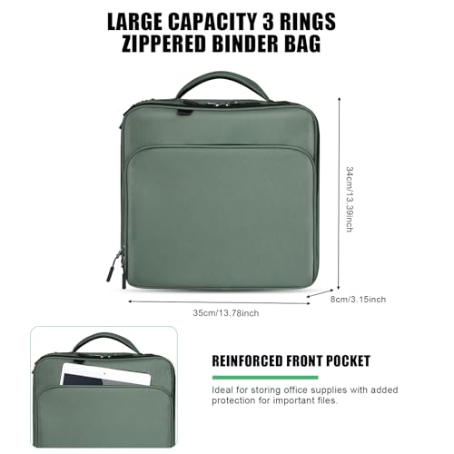 Image of LLi Cufite Zippered Binder Bag,3 Ring Binder with Multi-Pocket - 500 Sheet Capacity, Up to 14 inch Laptop and Tablet, Detachable Backpack Straps & Shoulder Use for School and Offices(Dark Green)