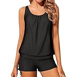 2 Piece Tankini Sets for Women UK, Athletic Swimming Costume with Sports Bra, Tummy Control Swimsuit with Shorts (UK, Alpha, M, Regular, Regular, Black)