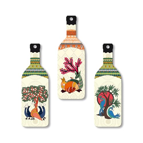 Artvibes Animals and Birds Madhubani Art Bottle shaped Wooden Wall Hanging | Living Room | Handcrafted Art | Wall Illustrations | Art Prints | Aesthetic Wall Art | Ideal Gifts (WH_9524N), Set of 3