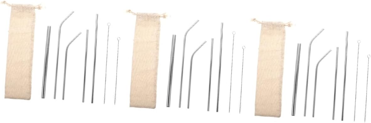 3sets Stainless Steel Straw Reusable Milk Tea Straws Bag Brush Portable Drink Stirrers for Kitchen