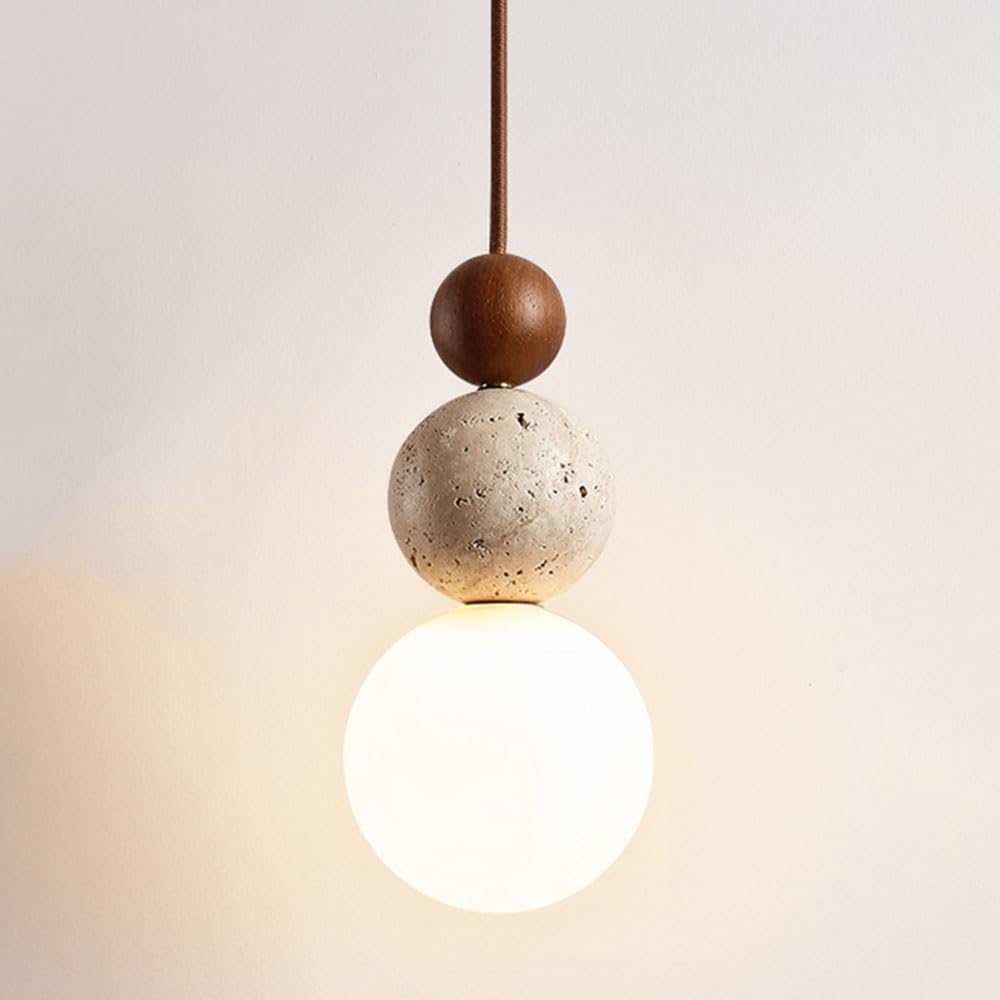 LYMSXAZOU Modern Japanese Travertine Globe Pendant Light Minimalist Wood and Accent Chandelier with Glass Shade Design Decor Ceiling Hanging Lamp for Dining Room Living Bedroom(Walnut)