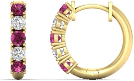 SHIV IMPEX JEWELS 0.50 Carat 5 Stone Diamond with Pink Sapphire Huggie Hoop Earrings 14K Yellow Gold Finish 925 Sterling Silver