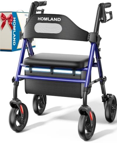 HOMLAND Rollator faltbar und leicht mit Sitz, Rollatoren 159 kg belastbar | Verstärkter Rahmen mit Doppelquerstrebe, Rollator schmal für Wohnung mit Tasche & 20 cm All-Terrain-Reif
