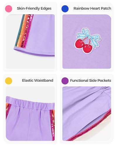 Image of WELAKEN Girls 2 Piece Outfit Kid Toddler Heart & Rainbow Sequin Striped T-shirt and Shorts Clothing Set