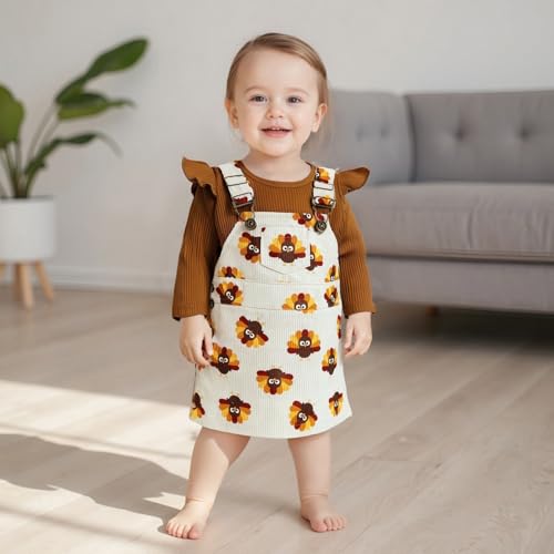 Karuedoo Infant Toddler Baby Girl Thanksgiving Outfit Long Sleeve Ribbed Knit Romper Turkey Overall Dress Suspender Skirt Set4
