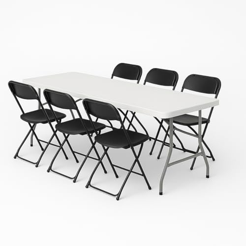 Genérico Pack Mesa Plegable Blanca 180 cm + 6 Sillas Plegables Negras – HDPE y Acero Resistente – Sin Montaje – Ideal para Eventos, Jardín y Hostelería