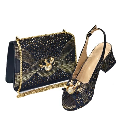 Women Gold Open Toe Heels and Handbag Set Diamonds Italian Style Shoes for Wedding Party Matching
