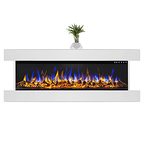 GLOW FIRE Elektrokamin mit Heizung und Kaminfeuer (Wandkamin Clear 50) - elektrischer Kamin mit LED-Feuer in 3 Farben, Heizlüfter, Deko & Fernbedienung - zum Aufhängen an der Wand - 152x53 cm, Weiß