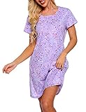 ENJOYNIGHT Nachthemd Damen Sommer Baumwolle Schlafshirt Printed Kurzarm Sleepshirt T-Shirt Schlafhemd Frauen Nachtwäsche Nachtkleid(Large-X-Large,Lila)