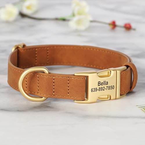 PET ARTIST Personalized Leather Dog Collars for Medium Dogs, Custom Soft Dog Collar with Engraved Pet Name and Number, Adjustable Heavy Duty Brown Dog Collar with Quick Release Metal Buckle,M