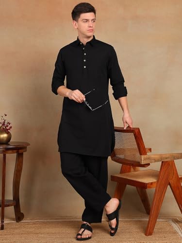 Image of See Designs Men's Full Sleeve Shirt Collar Solid Pathani Kurta with Salwar