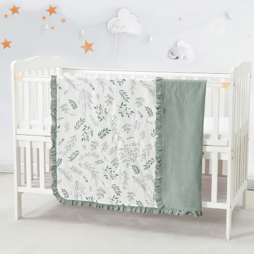 Image of CREVENT 40''X40'' 100% Organic Cotton Muslin Baby Blanket for Newborns, Essential for Baby Shower Birthday Gift - Green Leaves with Trim 100X100cm