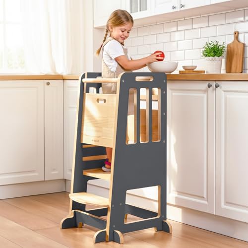 Image of WINGYZ Toddler Tower - Anti-Tip Natural Wood Learning Stool Helper for Kids 18M-6Y, 150lb Capacity Kitchen Stool with 3-Height Adjustable Platform and Sliding Door Access, 20lb Portable Design, Black
