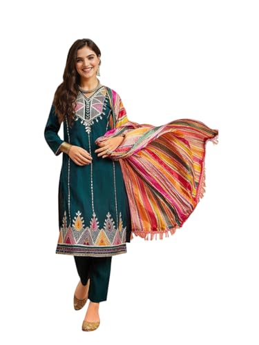 Image of ishin Women Yoke Design Ethnic motifs teal straight kurta with solid pants and dupatta