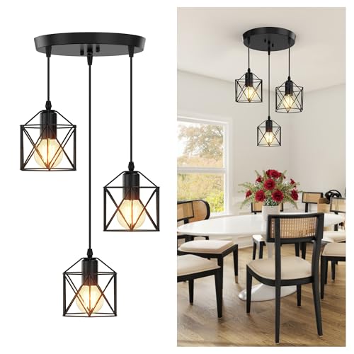 Phaosio 3 Light Pendant Lighting Farmhouse Hanging Light Fixture for Kitchen Island & Dining Room Industrial Vintage Ceiling Lamp with E26 Base Adjustable Height Matte Black