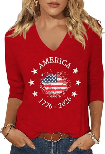 Scgirl Womens 3/4 V Neck Sleeve American Flag Shirts 4th of July Summer Shirts Graphic Tops (XX-Large, 250years4291 Red)