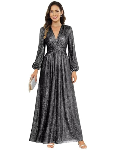 Image of Women's Formal Wedding Guest V Neck Glitter Sequins Mother of The Bride Dresses Long Sleeve