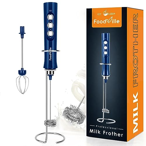 FoodVille MF02 Rechargeable Milk Frother Handheld Foam Maker with Stainless Whisk for Cappuccino, Latte, Bulletproof Coffee, Keto Diet, Protein Powder, Matcha (Classic Blue)