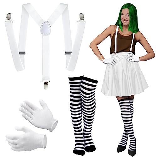 Jiuguva 3 Pcs Halloween Women Chocolate Worker Costume Set Adjustable White Suspenders Braces Striped Thigh High Socks and Parade Gloves for Costume Party Adults