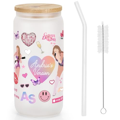 Taylor Mug 16 oz Glass Cups w/Lids Straws,Music Lovers Gifts for Women, Iced Coffee Glasses, Cute Tumbler Cup,Iced Coffee Smoothie Beer Tumbler w/Straw Lid,Birthday Gift for Best Mom Sister Girls