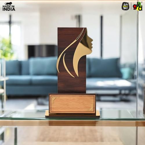 Image of GKD Wooden Women's Achievement Trophy | Female Excellence Award, Corporate Recognition Memento, Employee Appreciation Trophy, Leadership Award | Self-Customizable with Stickers (Brown Wood Finish)