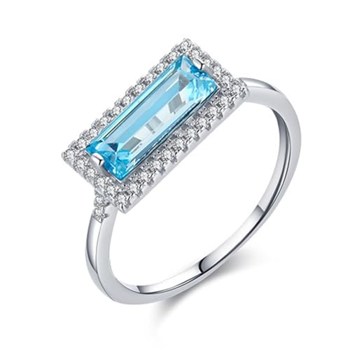 Grewod 結婚記念日リング、レディース 9K/14K ホワイトゴールド 4x10mm モアッサナイト付きブルー長方形トパーズ エレガントな宝石リングバンド サイズ4-10, 5.5, ホワイトゴールドメッキベース, 合成トパーズ