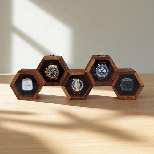 Image of Vintage Wooden Watch Box for Men, Timepiece Display Case, Honeycomb Watch Storage & Organizer, Jewlery Box for Women, Anniversary Gift For Husband (5 Compartments)