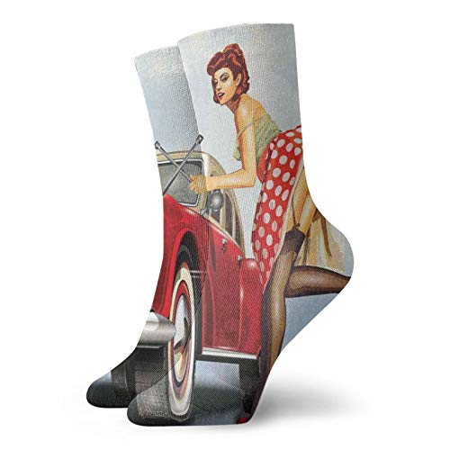Fashion Compression Socks,Retro Girl With Polka Dot Patterned Midi Skirt Fixing Classic Red American Car,Performance Polyester Cushioned Athletic Crew Socks for Running,Athletic, -12 inch