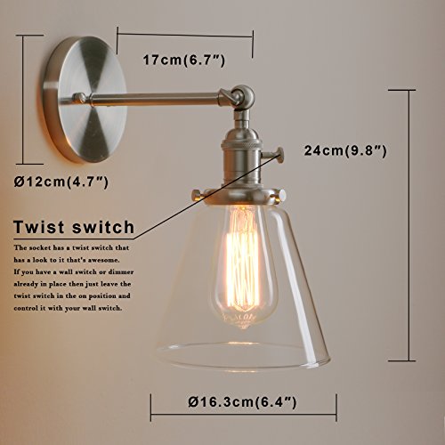 Image of PERMO Industrial Wall Sconce Lighting with On /Off Switch Funnel Flared Clear Glass Hand Blown Shade (Brushed)