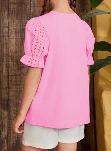 Image of DOKOTOO KIDS Girls Summer Shirts Cute Hollow Out Puff Short Sleeve Tops Casual Crewneck Tee Blouse 6-15 Years