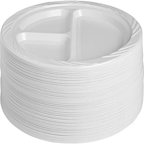Genuine Joe 10425 Platic Plates,3 Sections,Reuse/Disposable,9-Inch Round,125/PK,WE