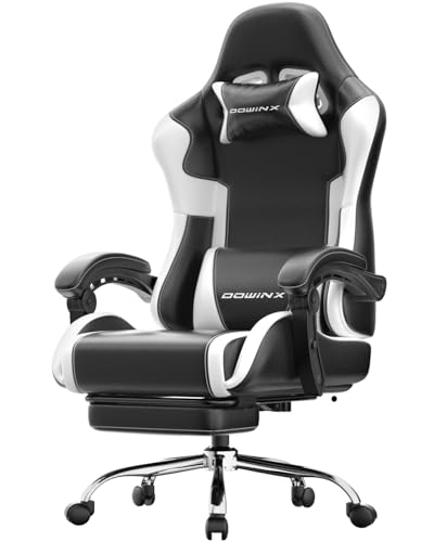 Ergonomic Gaming Chair with Footrest, Heavy Duty 330lbs Office Chair, Massage Lumbar Support, Adjustable Height & Headrest Pillow, Comfortable for Back Pain Relief, Streaming, Long Gaming, White