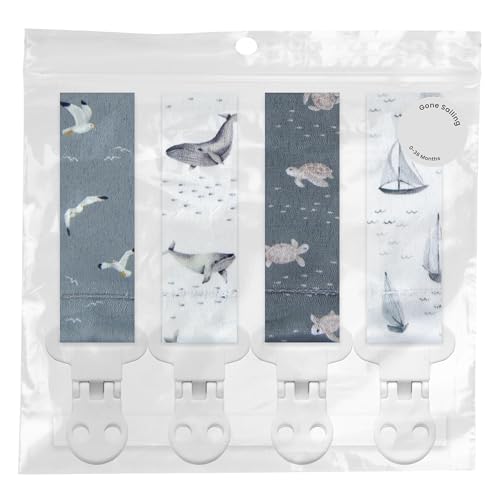 Image of Stadela Baby Pacifier Clip Holder - Girl or Boy Unisex 4 Pack Gift Set - Nautical Blue Whales Boats Turtles (Gone Sailing)
