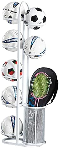 Freestanding Metal Sports Ball Storage Rack for Football, Basketball, Badminton & Soccer - Tall Organizer for Garage or Home Use, Stylish White Design