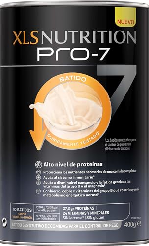 XLS Medical Nutrition Pro7 Batido Sustitutivo, Ayuda a Perder Peso y Tonifica, Óptimo Nivel de Proteínas, Sabor Vainilla Limón, Sin Gluten, Sin Lactosa