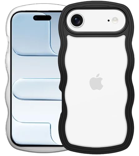 Image of GoldKart iPhone 17 Air Case Wavy Edge Clear Back Design, Anti-Slip Grip Cute Wave Curly Frame Shape Shockproof Soft TPU & Hard PC Bumper Protective Phone Case Cover for Women Girls - Black