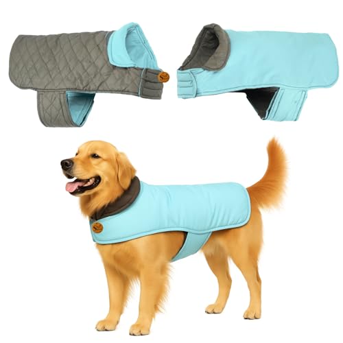 Image of Sage Square Double-Sided Quilted Dog Jacket - Weather-Resistant, Lightweight, Waterproof, Designed for Comfort & Warmth, Adjustable Fit, Perfect for Indoors or Outdoors (Quilt Sky Blue, 5XL - 28 Inch)