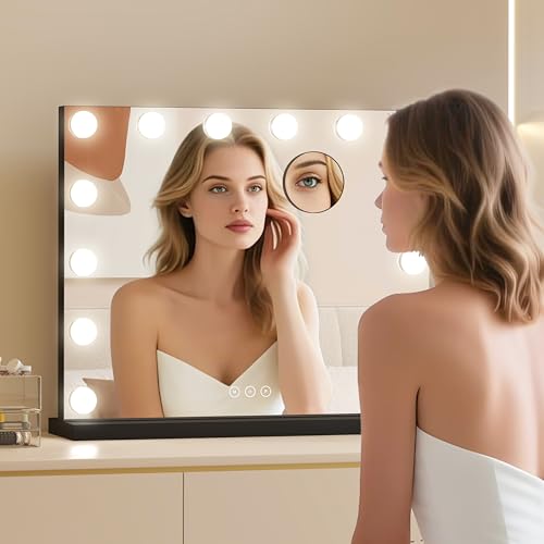 Image of Vanity Mirror with Lights Lighted Makeup Mirror with Dimmable LED Bulbs,3 Color Lighting Modes,USB Charging Port Touch Control,Sturdy Metal Frame Design,Black (50x40cm, 4.70)