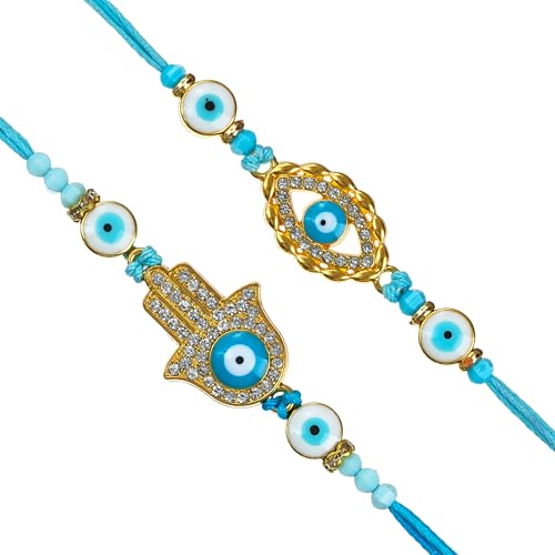 Image of eCraftIndia Hamsa Hand Evil Eye Rakhi Set of 2 | Rakhi for Brother Bhaiya Bhai with Best Bro Ever Fridge Magnet | Roli Chawal Pack